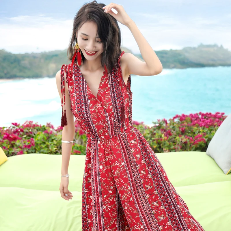 

Red Printing Jumpsuit Overalls Bohemian Wind Jumpsuit And Bodysuit Ethnic Style One Piece Ladies Rompers Elegant Woman Jumpsuit