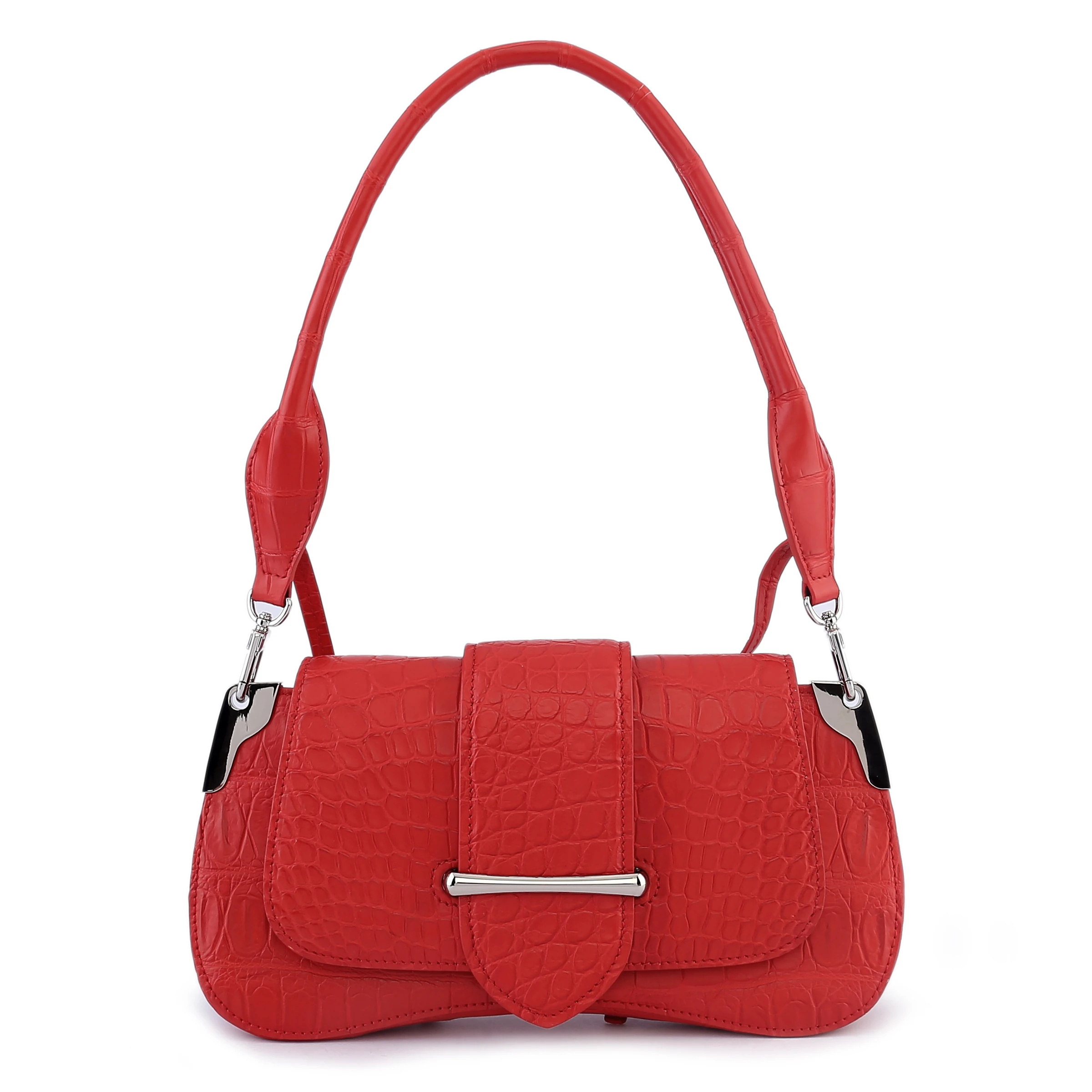 2019 latest Red color  genuine crocodile skin women shoulder cross body bag with cow skin lining silver color metal free ship