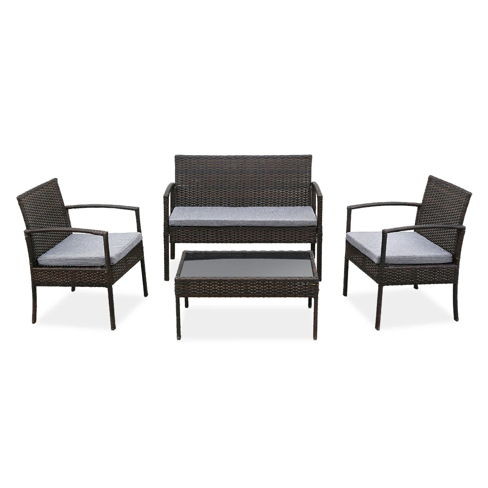 Outdoor Furniture Set 4 PCS Outdoor Patio Rattan Wicker Furniture Set with Table Sofa Cushioned Light Grey