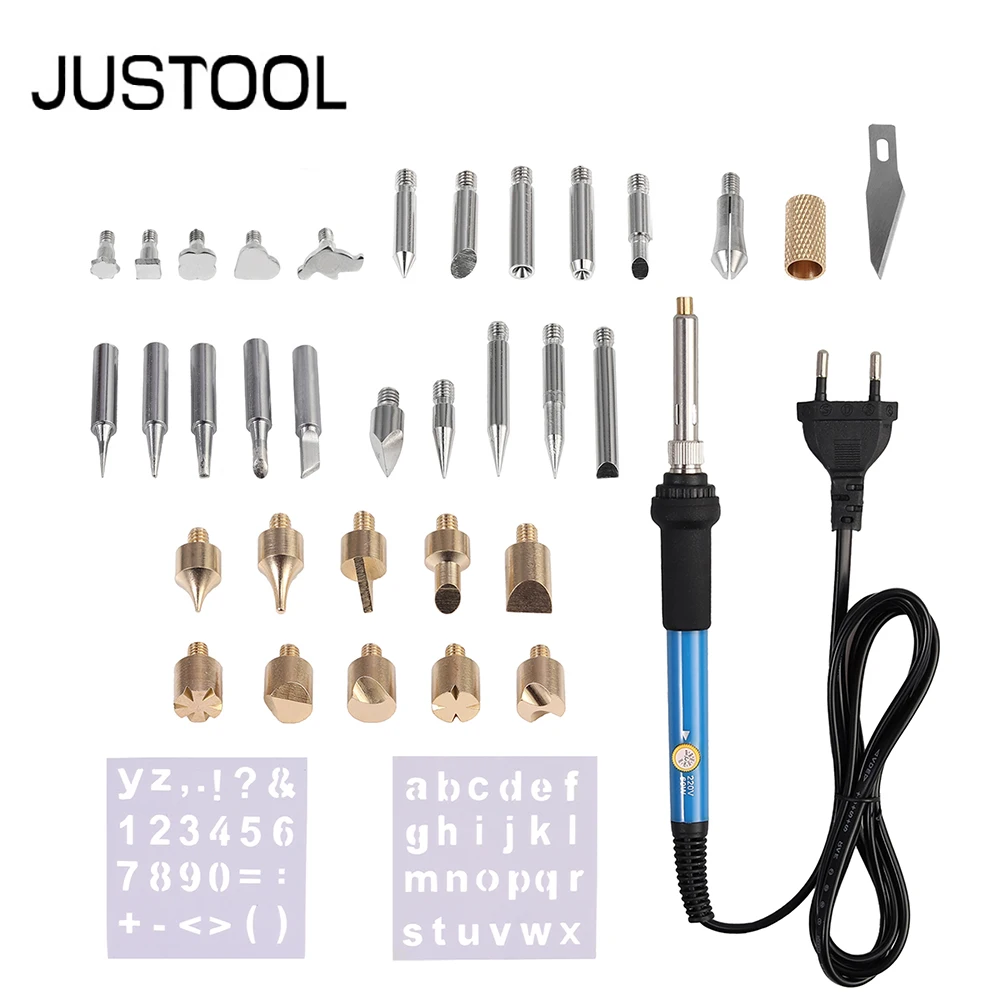 JUSTOOL 35PCS 60W Wood Burning Pen Soldering Tool Crafts Tools Set Pyrography Kit With Antioxidant Tip Insulated Handle Stencils