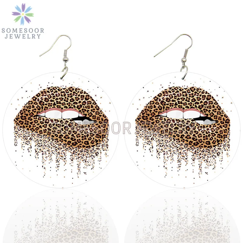 SOMESOOR Leopard Lips Whisper Wisdom Printed Wooden Drop Earrings Cute Girls Poppin Handmade Loops Dangle Jewelry For Women Gift