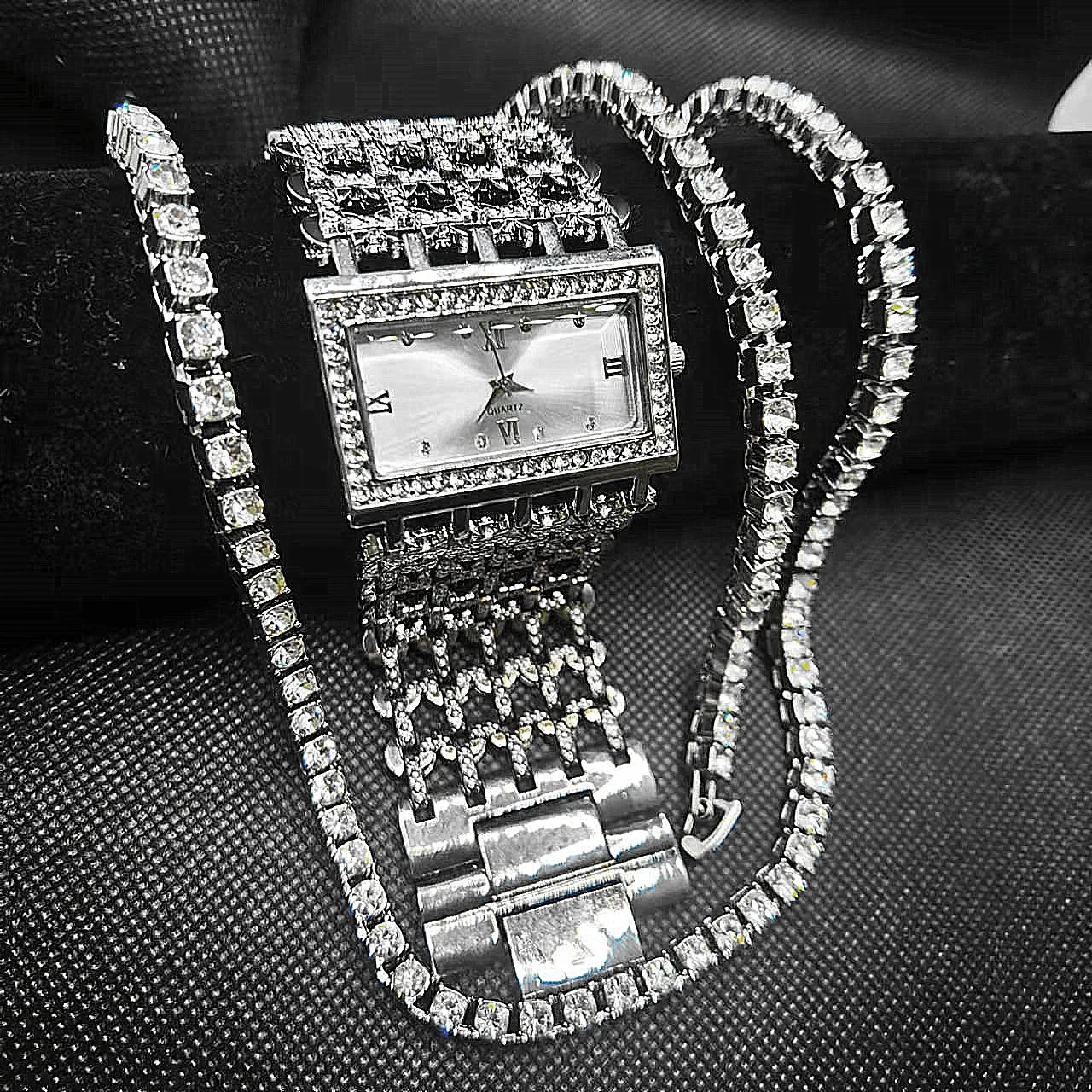 3pcs Set Iced Out Watches for Women Necklace Bracelet Rhinestone Choker Bling Bling Crystal Tennis Chains Women Jewelry Hip Hop