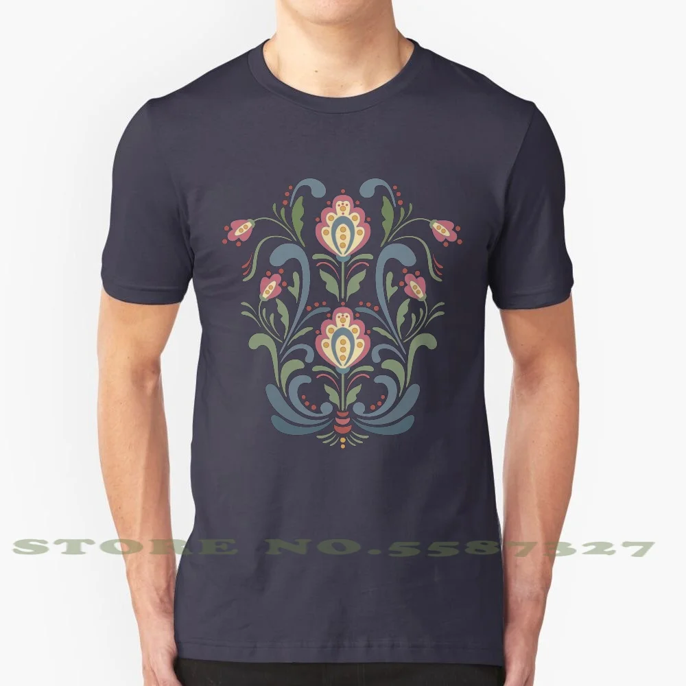 Rosemaling Flowers 100% Cotton T-Shirt Rosemaling Scandinavian Swedish Norway Folk Art Folkart Floral Flower Traditional Navy