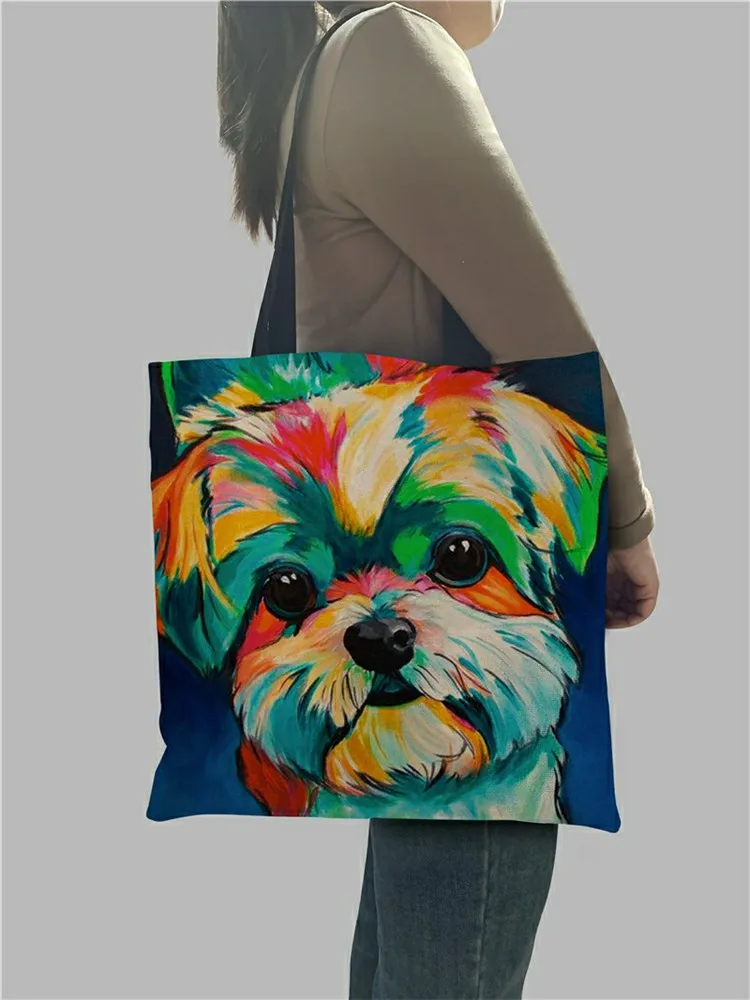 Bolsas de compras con estampado de perro para mujer, bolso de hombro exclusivo con pintura al óleo, para comestibles, Papillon, Pug Retriever, gran