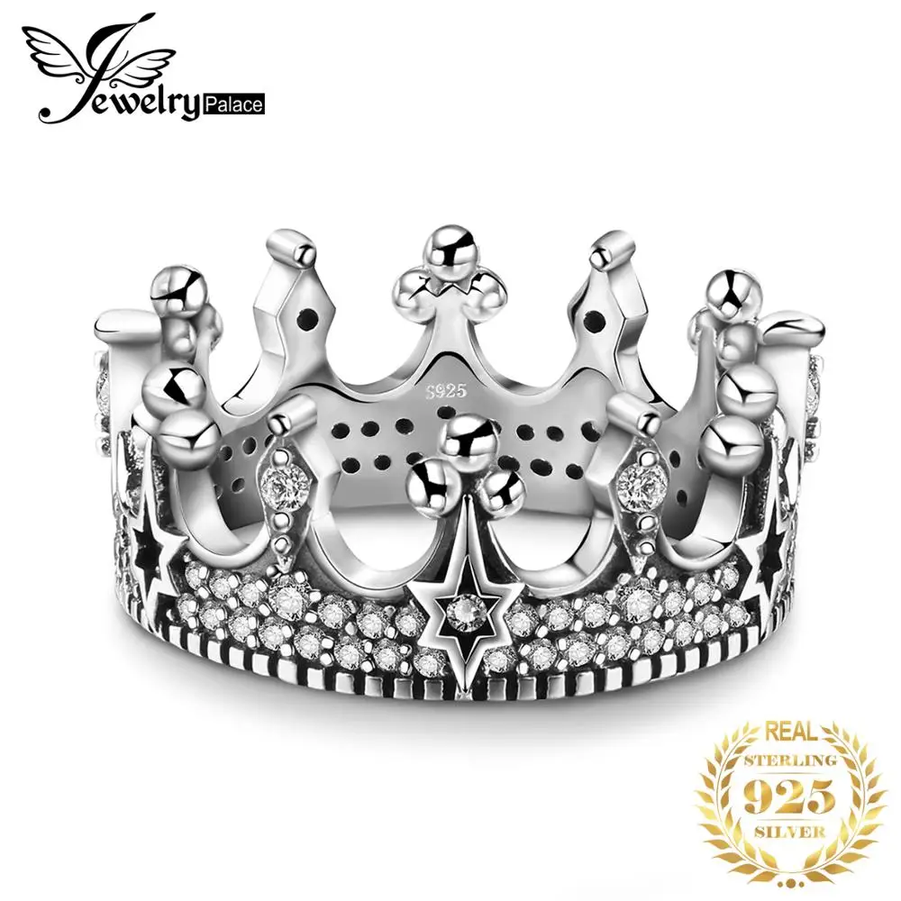 

JewelryPalace Vintage Tiara Crown Solid 925 Sterling Silver Cubic Zirconia Cool Star Punk Band Rings for Women Fashion Jewelry