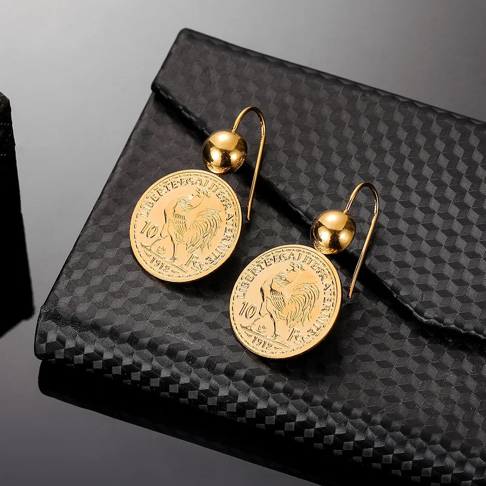 Vintage Engraved Coin Drop Dangle Earrings for Women 10 Franc Coin Round Pendant Earring Pendientes Drop Shipping