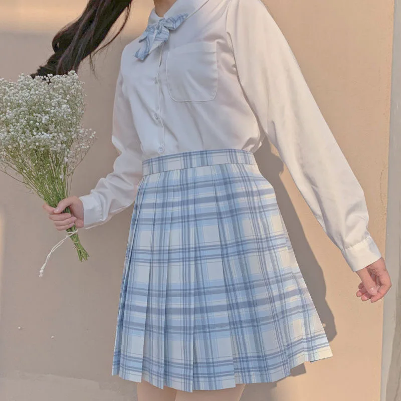 [Shinazugawa] Japanese School Girls High Waist Pleated Skirts Blue Plaid Skirts Women Dress Long/Short Sleeve JK School Uniform