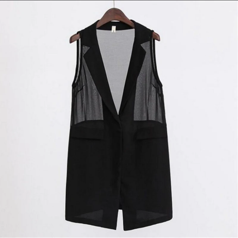 

2023 Summer Vest Jacket Women Clothing 5XL Black Chiffon Sleeveless Blazers Outerwear Female Transparent Casual Waistcoat aq235