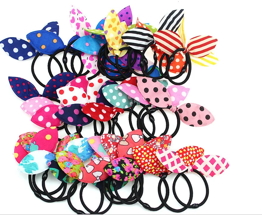 

600Pcs/Lot DIY Simple Multi Bow Tie Rabbit Ears Rubber Band Elasticity Dots Stripe Hair Rings Styling Tool Accessory HA1678