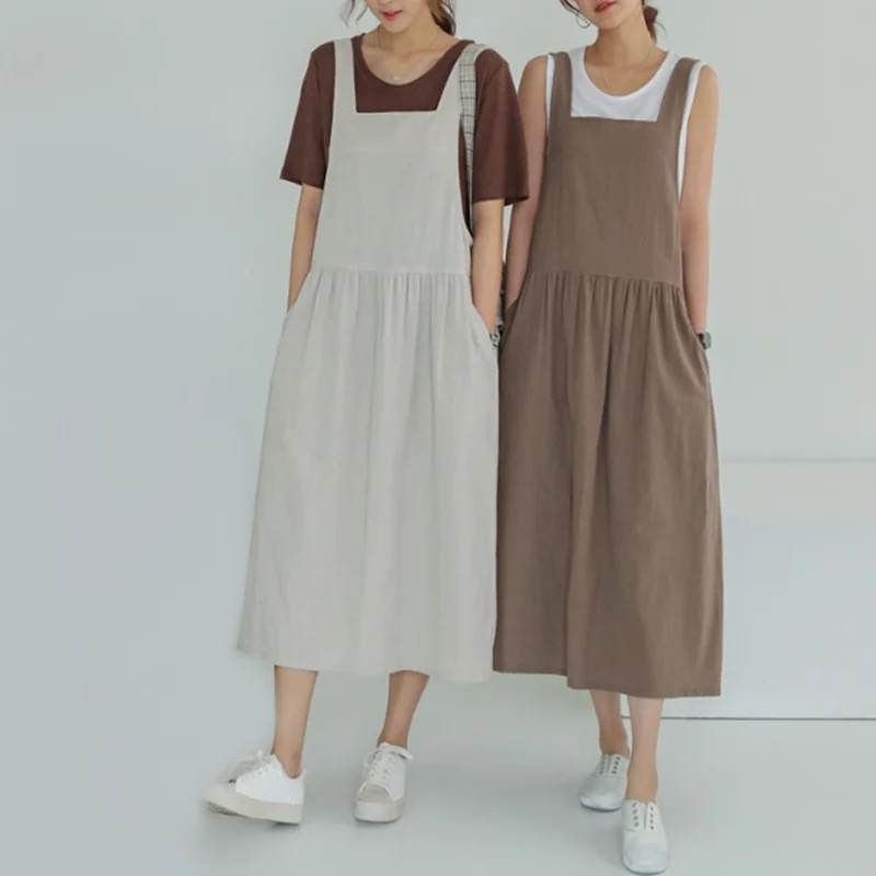 Oversize Clothing For Women 4XL 5XL Korean Style Fresh Solid Color Casual Cotton Linen Sundress High Waist Suspender Skirs Midi