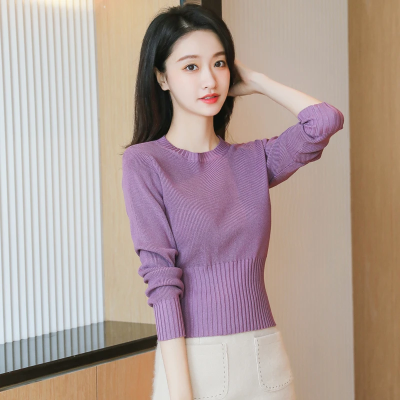 

Women's Korean Style Knitting Pullover Sweaters Solid O-Neck Long Sleeves High Waist Women Knitted Pullover Early Autumn 2021