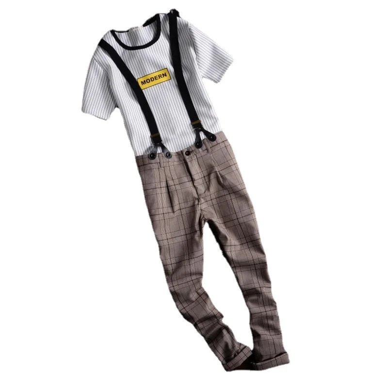 Bib Overalls British Casual Men Pants Lattice Stripe Straight Pants Fashion Men's Trousers