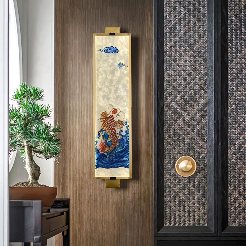 

New Chinese Living Room Background Copper Wall Lamp Bedroom Bedside Light Antique Stained Glass Wall Sconces Creative Classical
