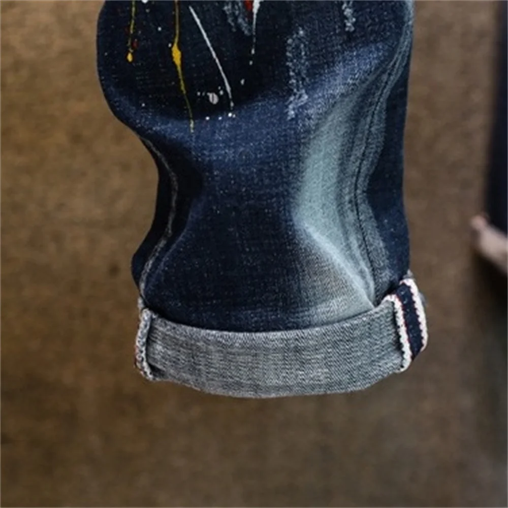 EH·MD® Hole Inkjet Paint Dot Jeans Men's Printed Youth Soft Fabric Casual Loose Cotton Elastic Scratched Trousers Badge Red Ears