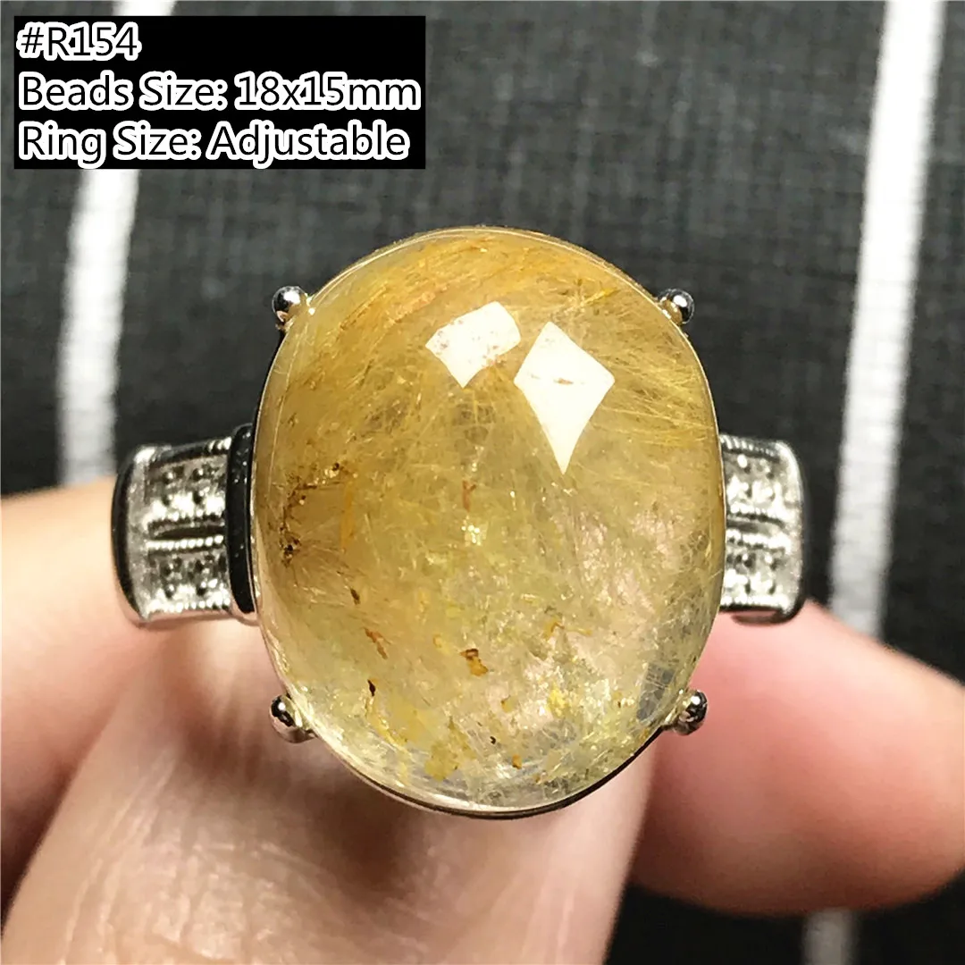

Кольцо из натурального золота с рутилированным кварцем, ювелирные изделия для женщин и мужчин, подарок на богатство, удачу, хрустальные овальные бусины, регулируемое кольцо с серебряным камнем AAAAA
