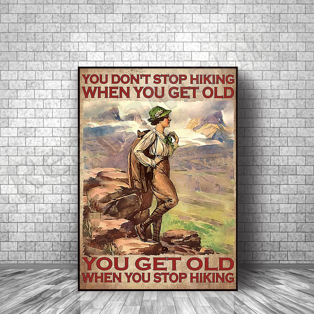 Hiking Poster | Don't Stop Hiking Retro Poster, Hiking Girl Poster, Love Hiking Art Print Gift, Home Decor