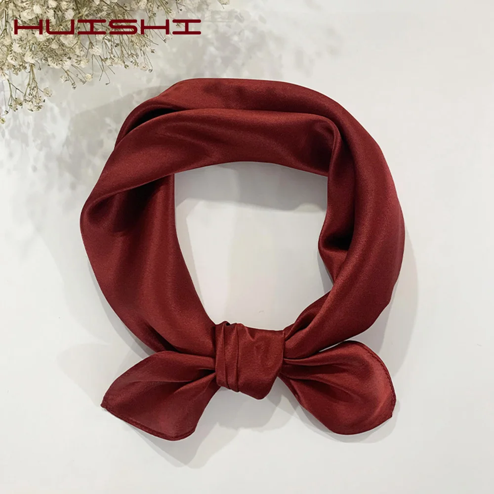 HUISHI Silk Scarf Women Fashion Solid Color Square Scarf Silk Wraps Elegant Spring Summer Head Neck Hair Tie Band Neckerchief