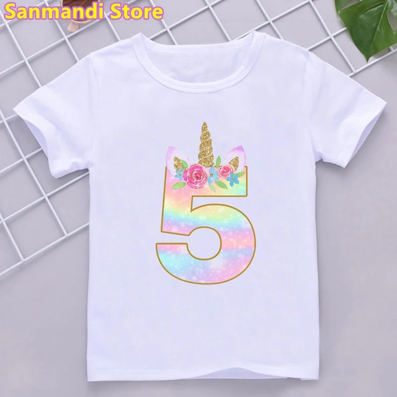 Newest Rainbow Unicorn Print Tshirt Girls Kawaii Kids Clothes 3th/5th/6th9th/10th Birthday Gift T Shirt Children Clothing