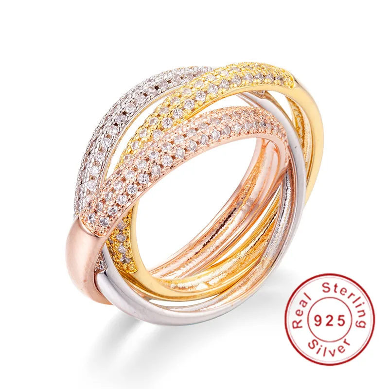 Triple Circles Gold/Rose Gold/Silver Rings for Women Men Three Colors 925 Silver Pave diamond Women Wedding Ring Finger Jewelry
