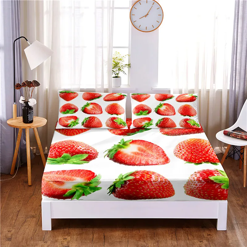 Fresh Fruit Digital Printed 3pc Polyester  Fitted Sheet Mattress Cover Four Corners with Elastic Band Bed Sheet Pillowcases