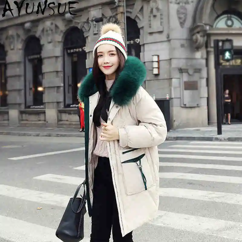 AYUNSUE Women's Clothing Winter white Duck Down Jackets Woman Real Fox Fur Collar Hooded Parka Female Long Coat Ropa Mujer 2020