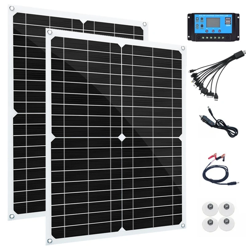 Painel solar de 80w com controle de 20a, 18v, porta usb dupla, carregador de bateria portátil para celular, carro, iate, rv, luzes de carregamento