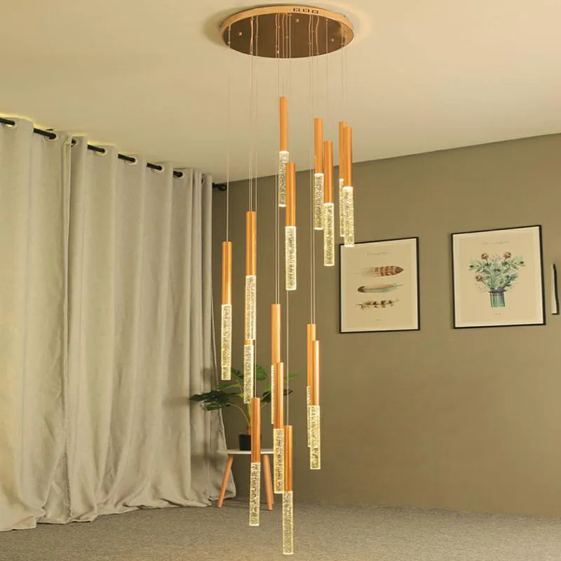 Led Modern Long Cylinder Aviation Aluminum Bar for Living Room Acrylic Crystal Light Pendant Lamp Chandelier Lighting