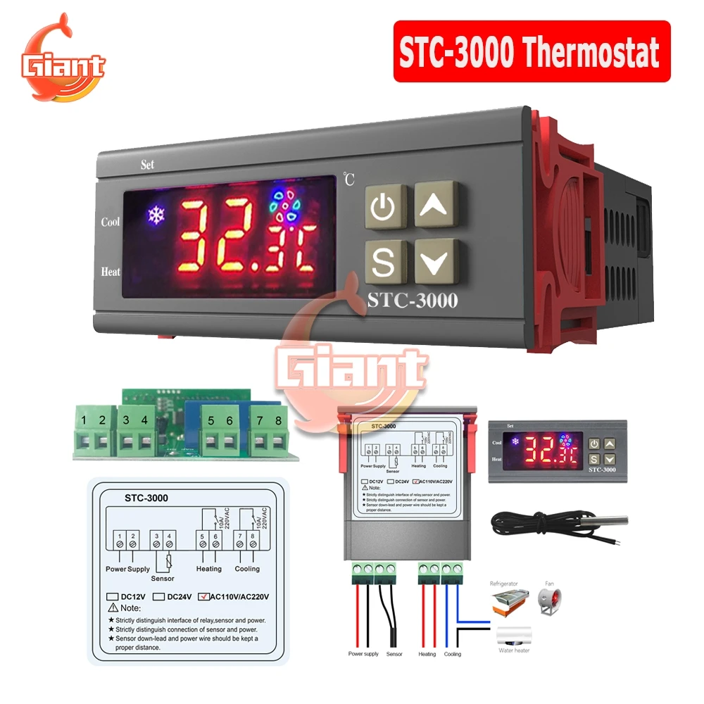 STC-3000 Thermostat Digital Temperature Controller 12V 24V 220V Heating Cooling Thermometer Sensor for Incubator Fridge Boiler