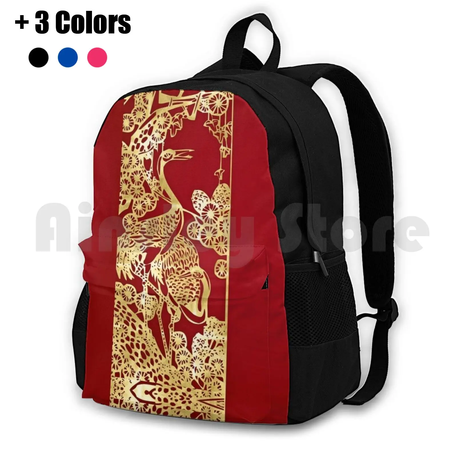 Golden Bird In Red Outdoor Hiking Backpack Waterproof Camping Travel Golden Bird Red Gold Amazing Cool Original Modern Home