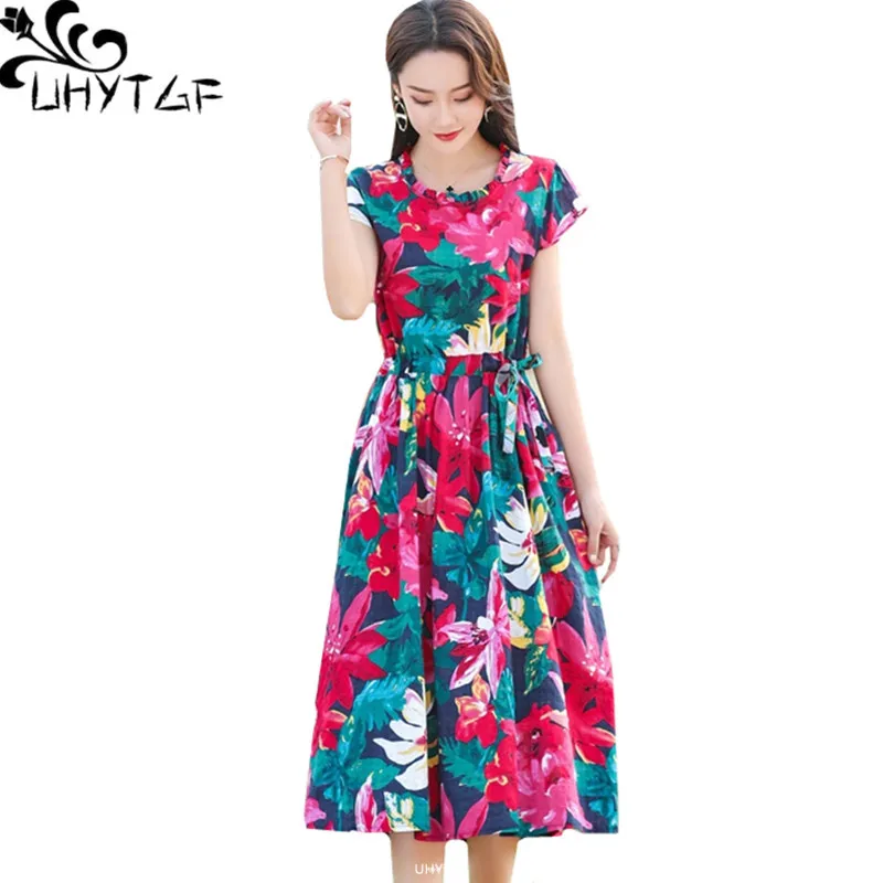 

UHYTGF 2021 Cotton Linen Summer Dress Women Fashion Print Long Dresses Belt Slim 6XL Loose Size Dress Vestidos Mujer Verano 1435