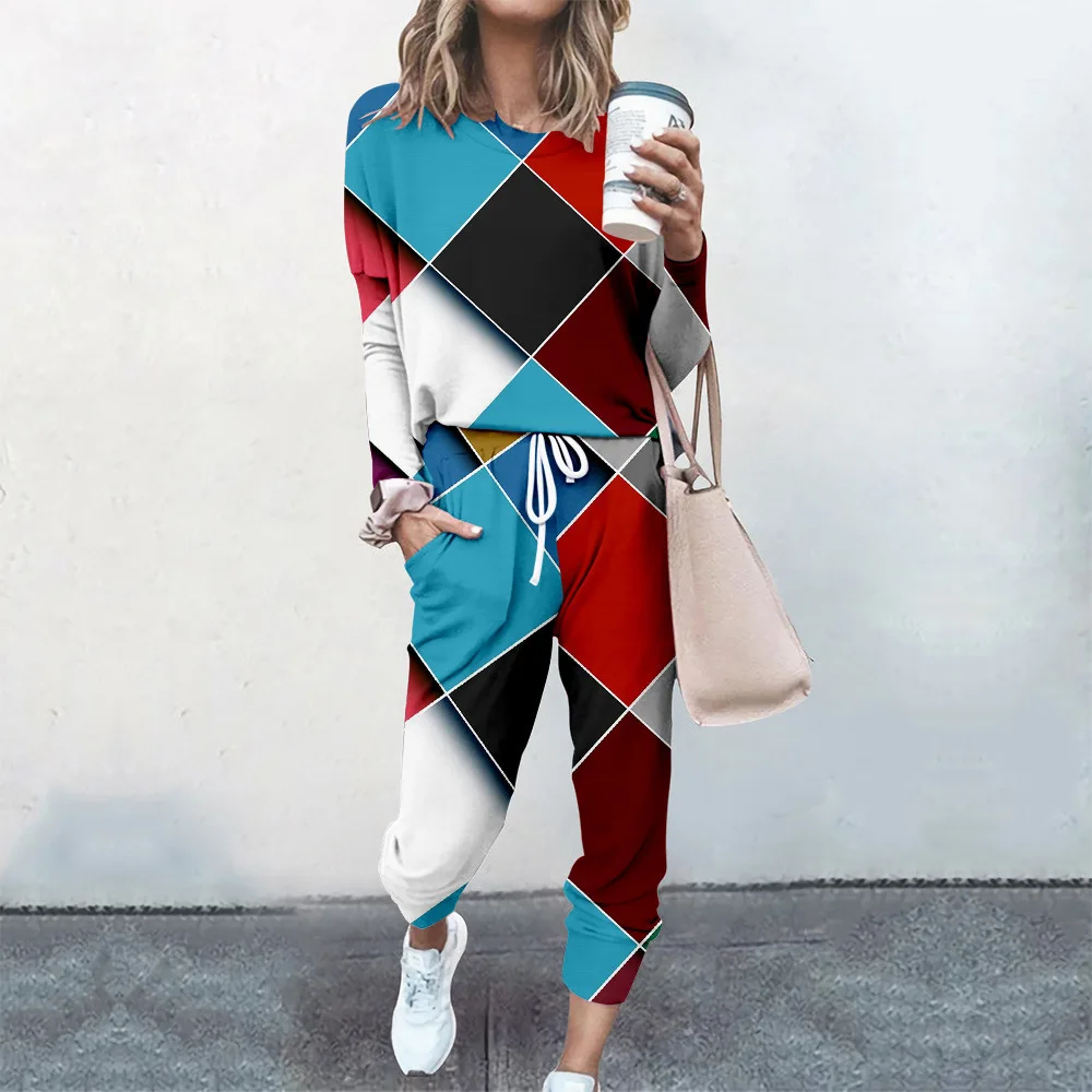

Tracksuit Women 2 Piece Set 3D Grid Print 2021 Tops Loose Comfortable Simple Color Long Sleeve Casual Suit Clothes Spring Autumn