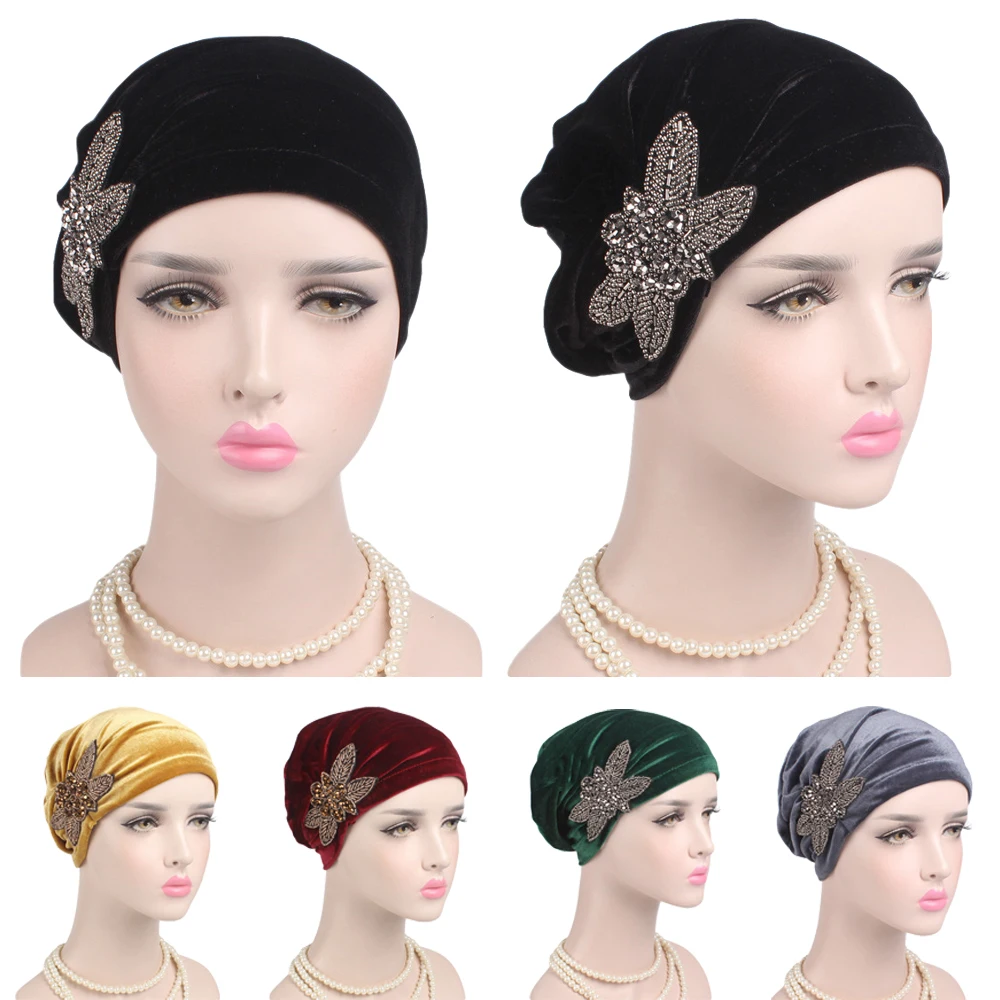 Muslim Women Velvet Hand Beaded Turban Cap India Chemo Wrap Head Beanie Lady Flower Headwear Hair Loss Skullies Arab Fashion