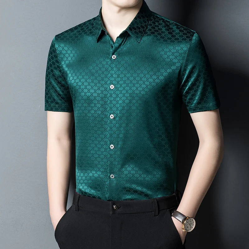 High Quality Blackish Green Real Silk Jacquard Shirts For Mens Luxury Clothing Smooth Satin Summer Dress For Stout Cozy Oversize