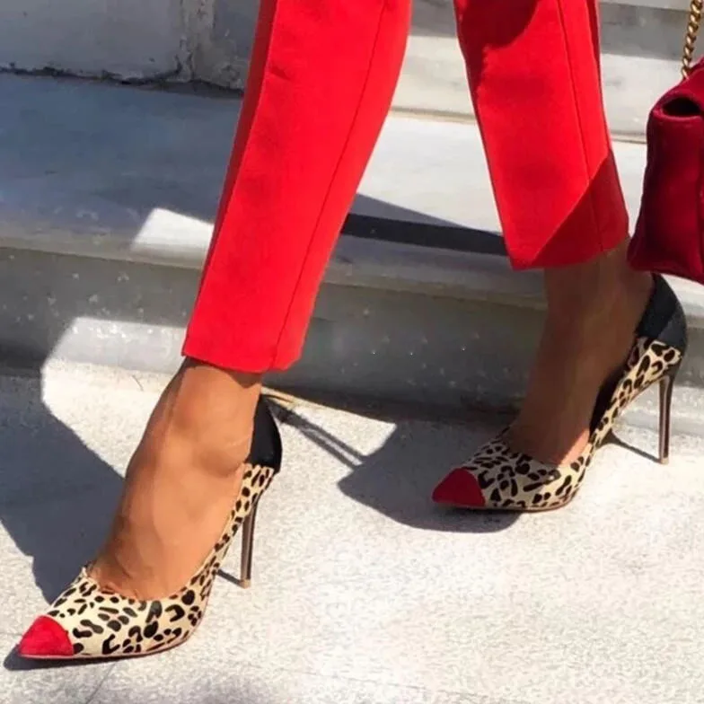 Red Pointed Toe Suede Leather Stiletto Heel Pumps Slip-on Patchwork Leopard High Heels Black Snakeskin Formal Dress Shoes