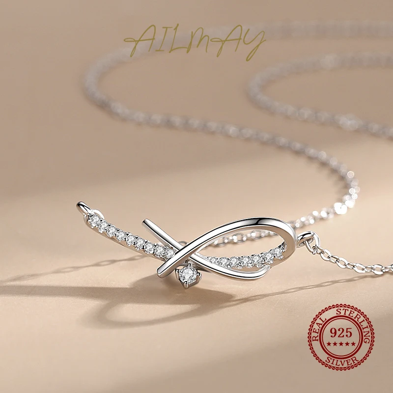 Ailmay 925 Sterling Silver Simple Fashionc Shining CZ Geometric Design Pendant Necklace For Women Wedding Engagement Jewelry