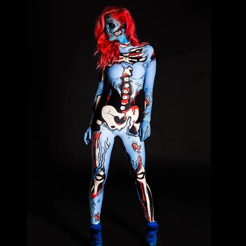 ฮาโลวีน Masquerade น่ากลัว Rose Skeleton Cosplay Jumpsuit ผู้หญิงแขนยาว3D โครงกระดูกมนุษย์พิมพ์ Bodysuit Rompers C38X33