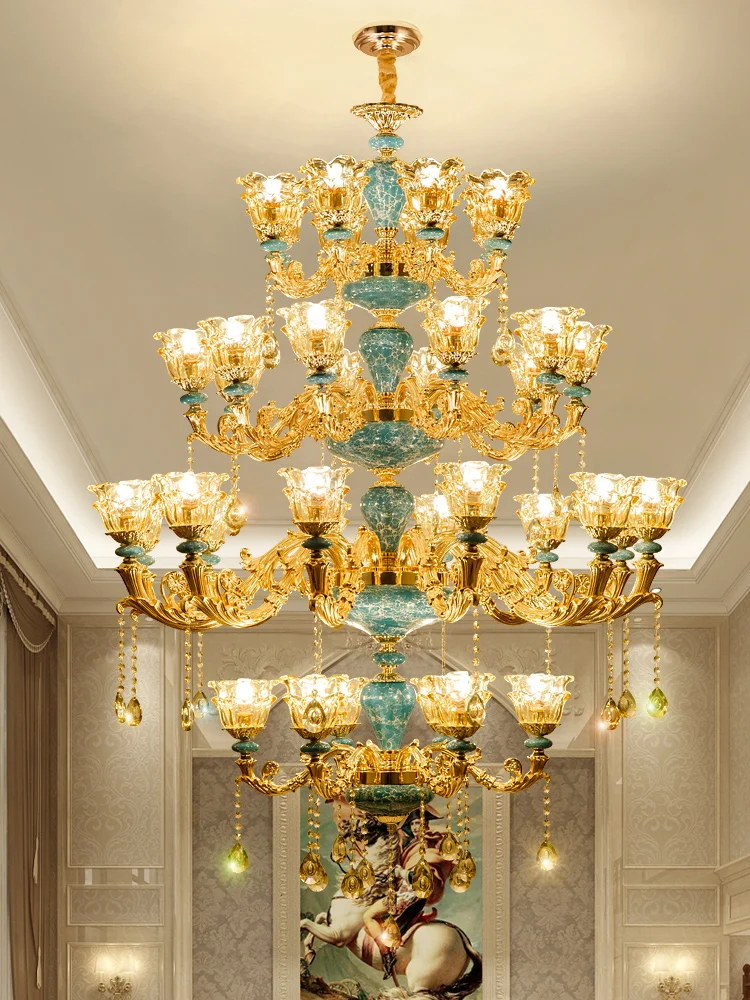 Big chandelier duplex building European villa living room ceramic chandeliers hotel lobby staircase light luxurious atmosphere