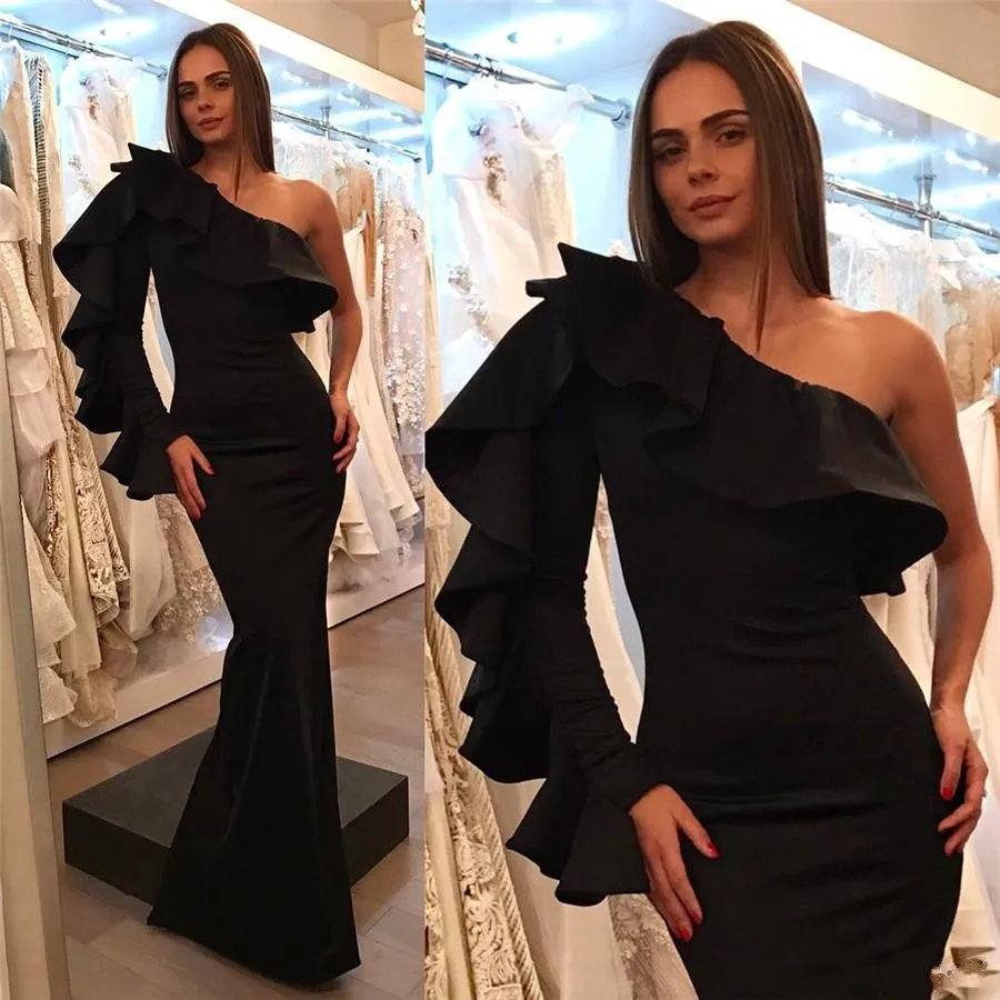 

2024 elegant black long sleeve evening dresses mermaid long sleeves ruffles satin arabic plus size formal prom party gown