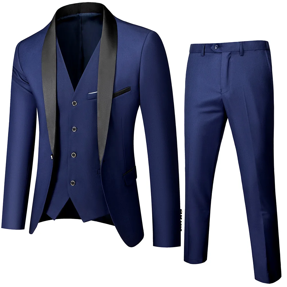 Black Wedding Party 3 Piece Set, Asian Size Men Blazer Coat Pants and Vest, Fashion Slim Male Suits Blue Red Gray