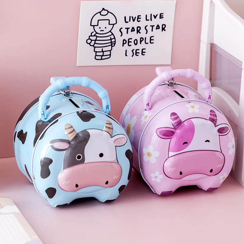 Cow Metal Coin Bank New Portable Tin Piggy Bank Children Cartoon Animal Money Box Financial Awareness Training Toy