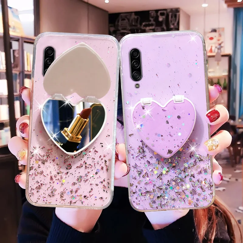 Heart Mirror Sequins Glitter Phone Case For Samsung Galaxy A7 A9 A6 A8 Plus 2018 A750 A9S A9 Star Soft Silicone Cover