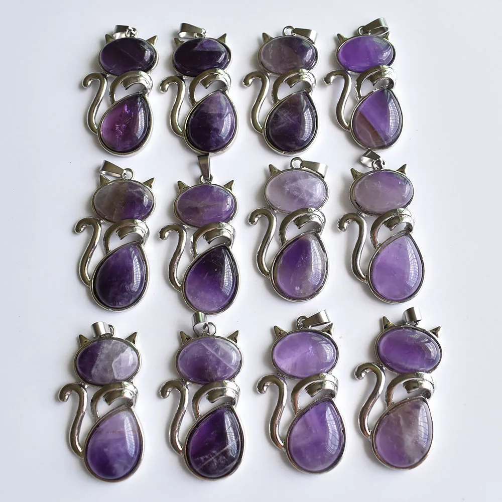 

Wholesale 12pcs/lot new Fashion good quality natural amethysts stone cat shape pendants for jewelry making free shipping