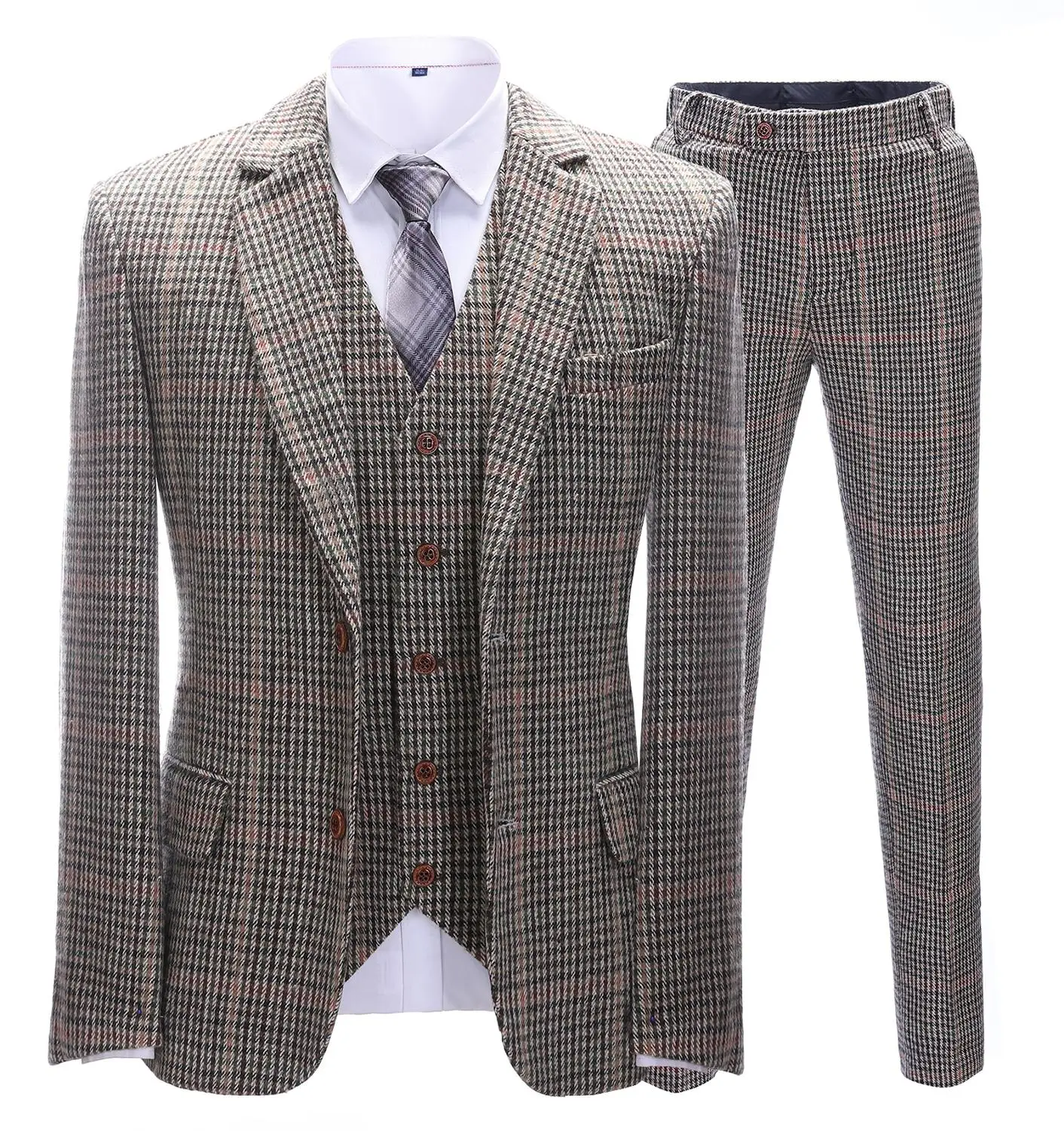 

Men's Tweed Wedding Suits 3 Pieces Houndstooth Dogstooth Wool Tuxedos Formal Notch Lapel Prom Suits Winter Coat for Men