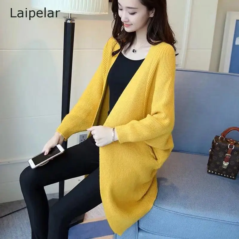 Women's  Bat Sleeve Sweater Autumn And Winter New Coat Loose Mid-length Knitted Cardigan