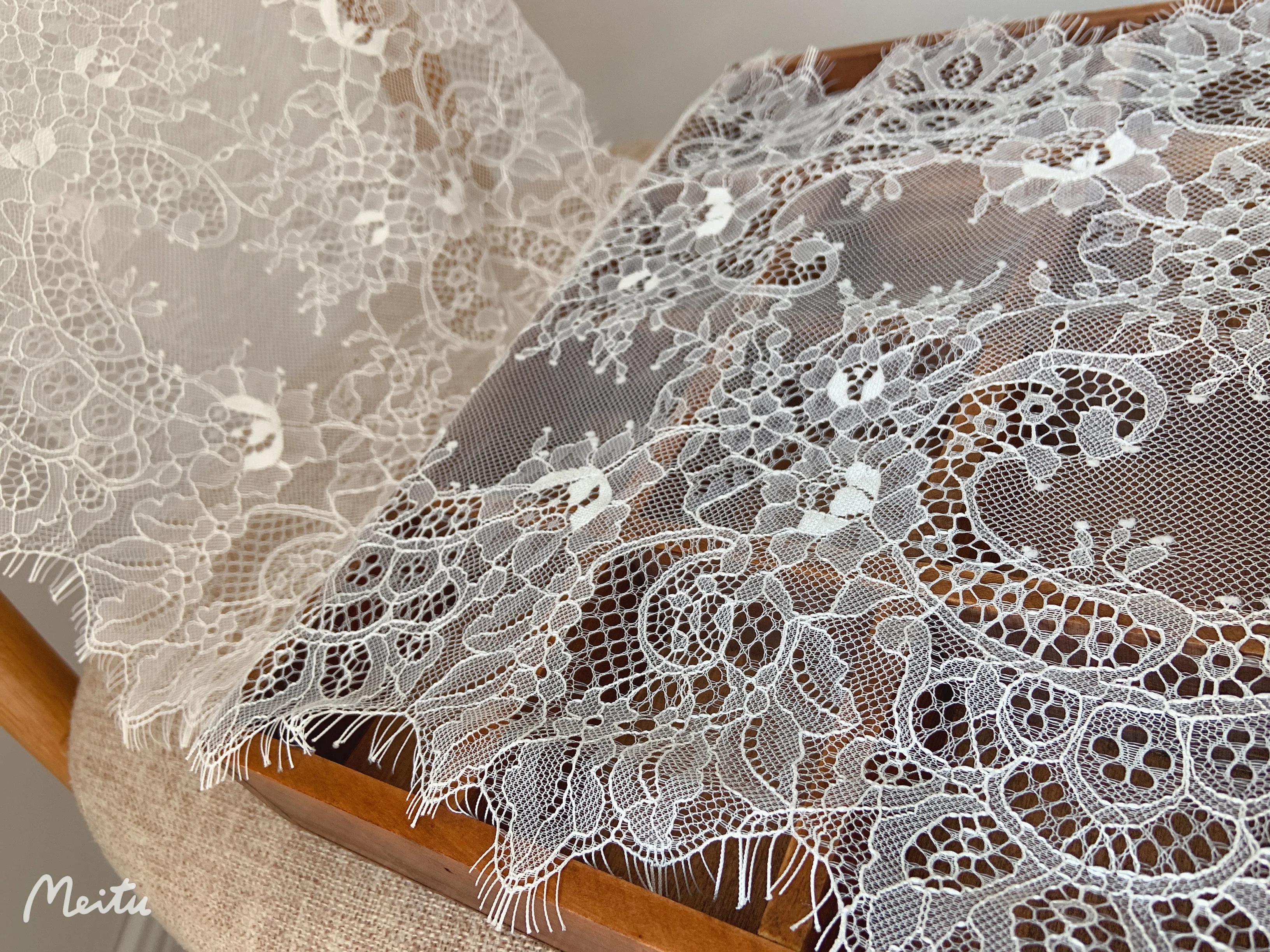 

3 Yards Off White French Chantilly Lace Mesh Fringe Trim for Floral Couture,Apparel,Lingerie,Double Motif with Eyelash