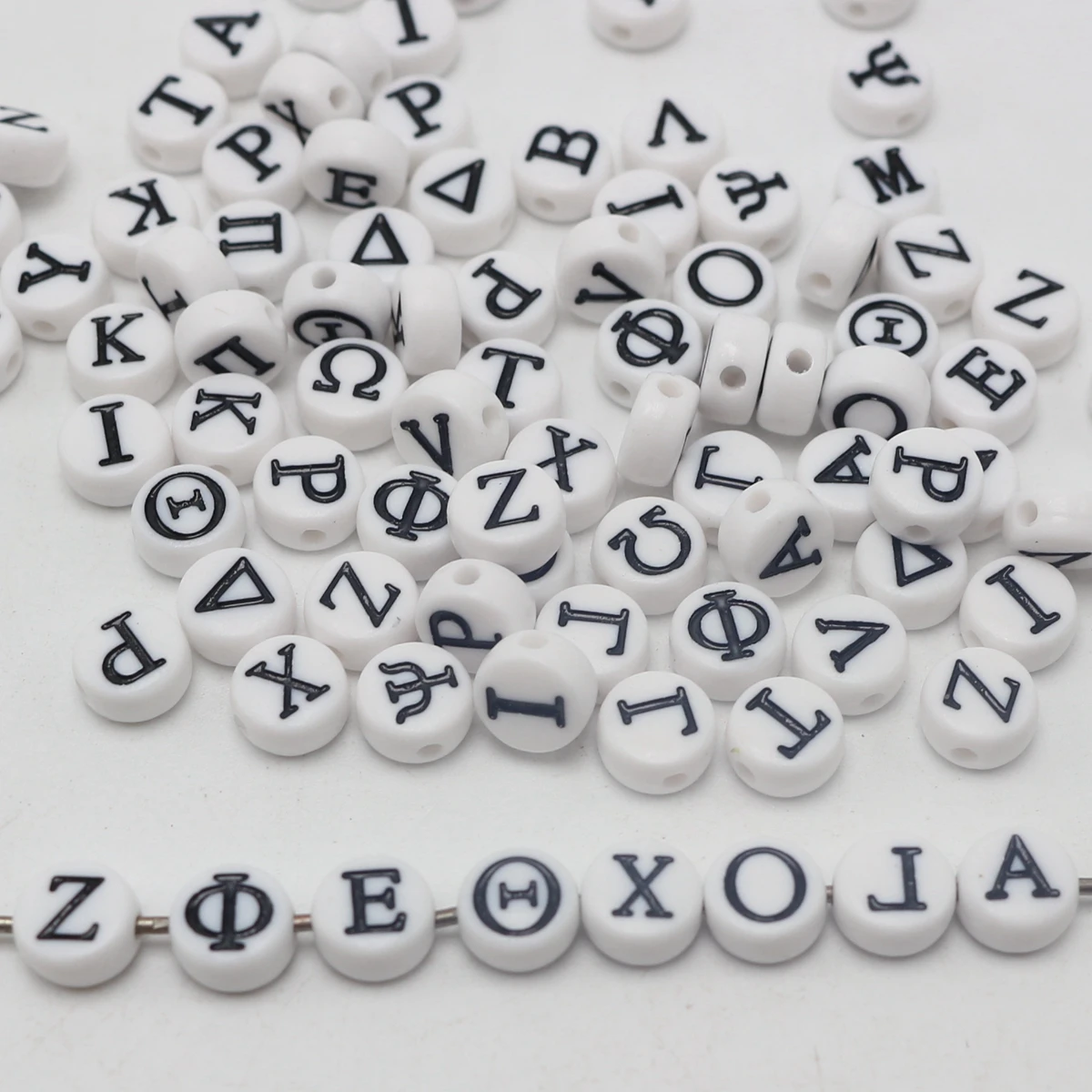 250 White with Black Acrylic Assorted Greek Alphabet Letter Coin Beads 4X7mm