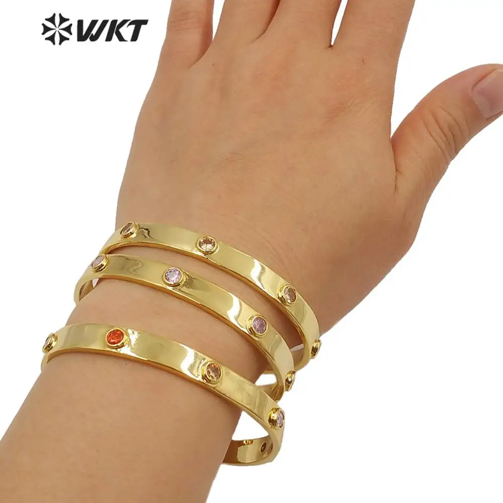 WT-MB117 Wholesale Gold Electroplated Brass Cuff Bangle Micropave CZ Stone Amazing Trendy Fashion Women