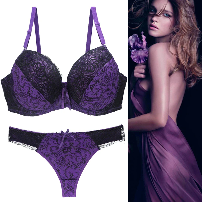 Set di reggiseni Push Up in pizzo Sexy intimo donna ricamo floreale Lingerie di grandi dimensioni nero bianco viola rosso blu Beige