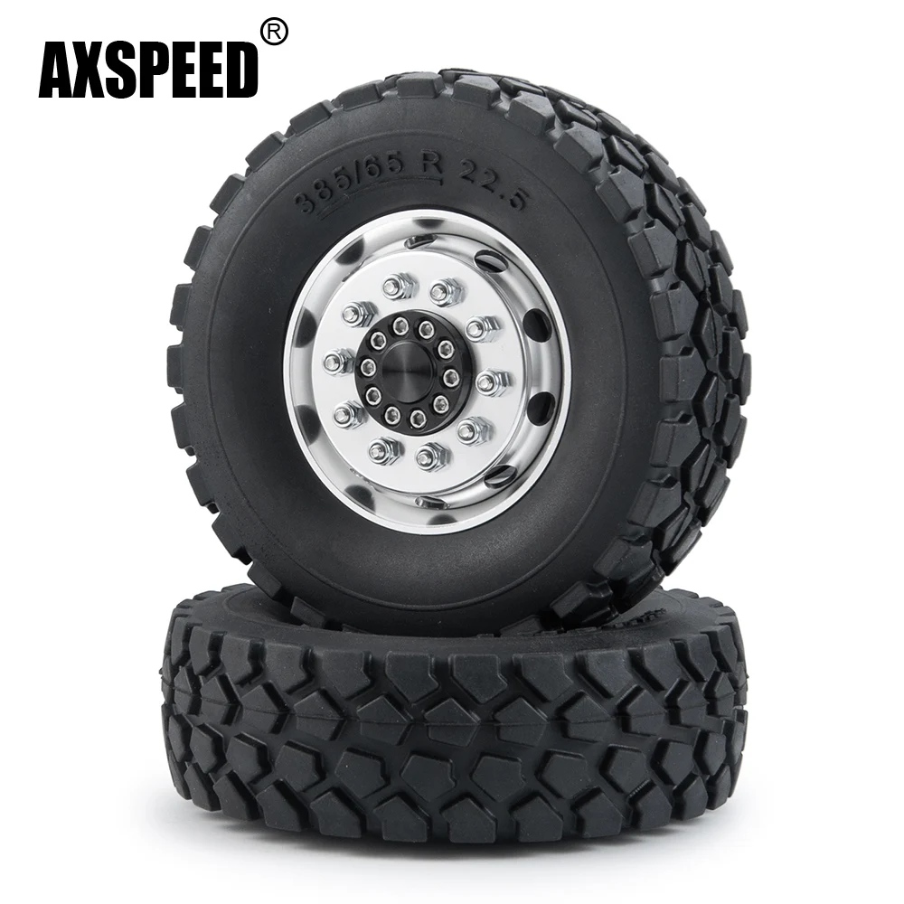 AXSPEED Metal Front Wheel Hub Rim with 30mm Width Black Rubber Tires for 1/14 Tamiya RC Trailer Tractor Truck Car Parts