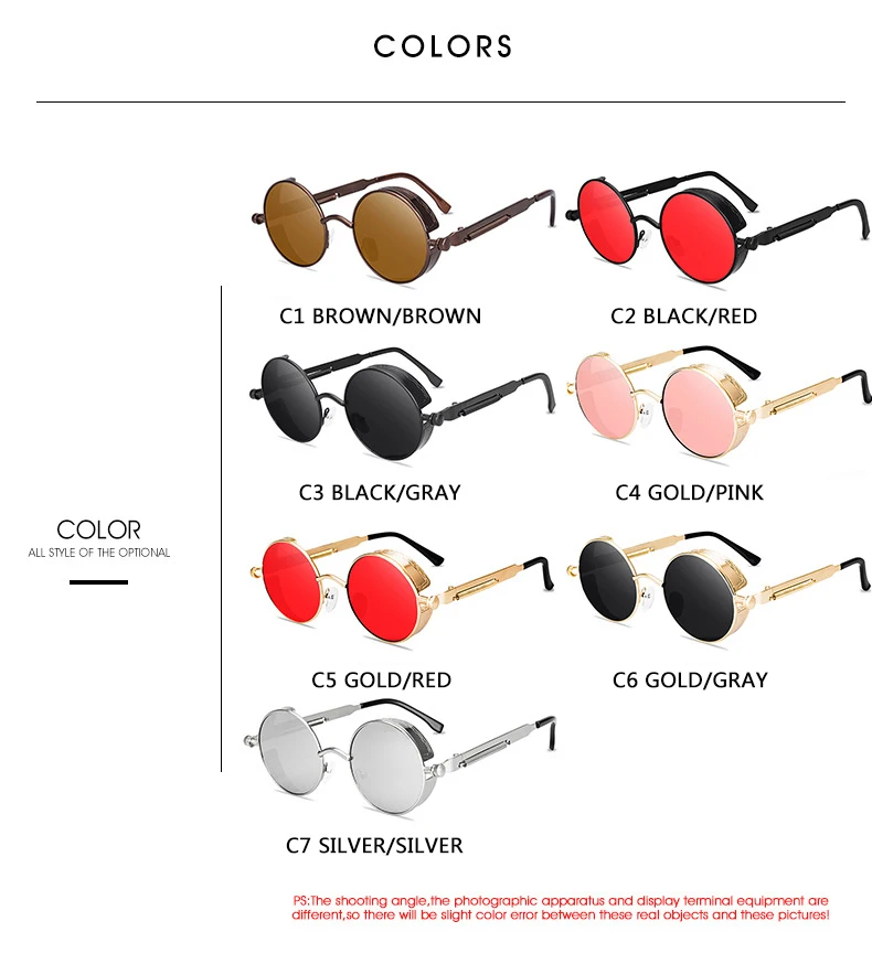 Metall Steampunk Sonnenbrille Männer Frauen Mode Runde Brille Marke Design Vintage Sonnenbrille Hohe Qualität Oculos de sol – Detail 2